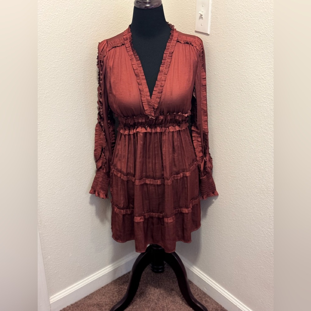 OPT ONE PRETTY TIME BURNT ORANGE SATIN MINI DRESS TIENNA FIT FLARE M NEW $138 - Picture 2 of 11